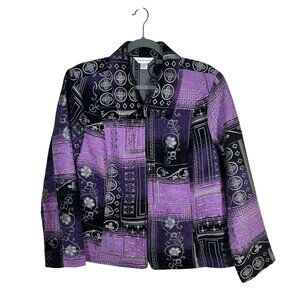 Christopher & Banks Womens Purple Black Patchwork Pattern Zip Jacket XL